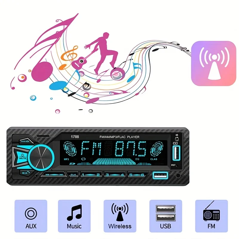 نظام ستيريو للسيارة مع وظيفة لاسلكية، مشغل MP3، راديو FM، مدخل USB/TF/AUX، التحكم في التطبيقات، إضاءة خلفية ملونة، شحن USB