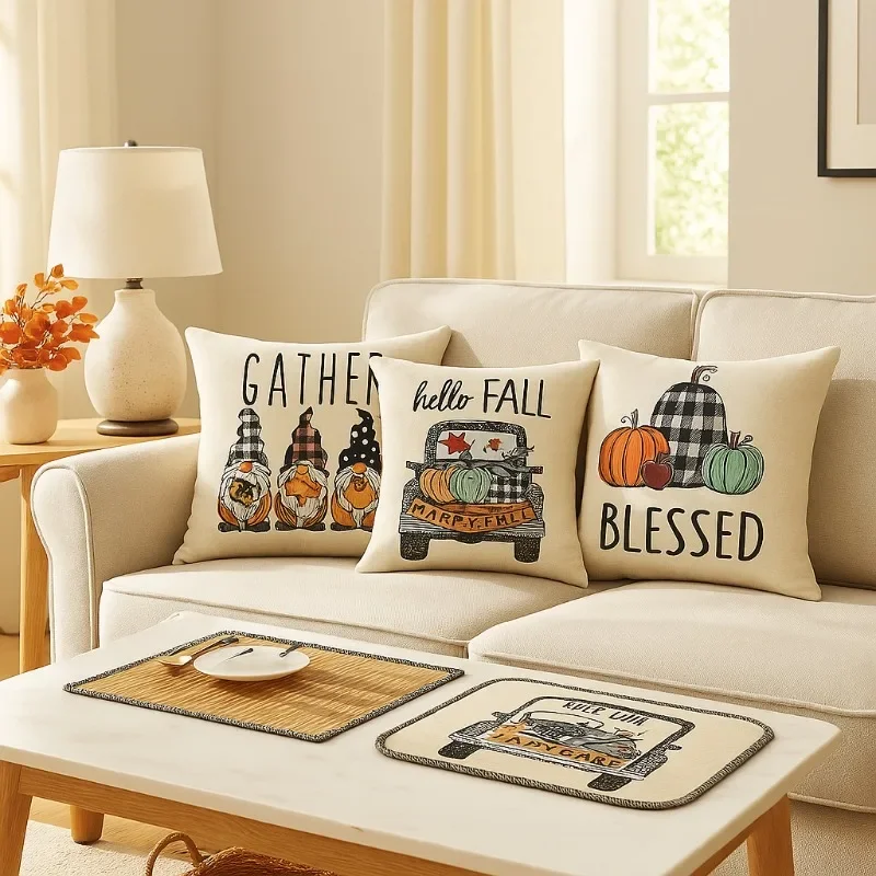 Pumpkin Car & Ginkgo Leaf Pillow Case Fall Autumn Decorative Cushion Cover for Sofa Living Room Bed Cozy Home Accent