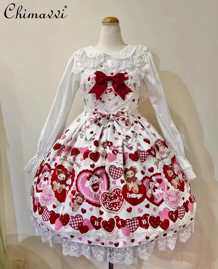 

Lolita Cute Bowknot Print JSK Dress 2026 Spring Summer New Japanese Sweet Girl Elegant Birthday Princess Strap Dresses Women