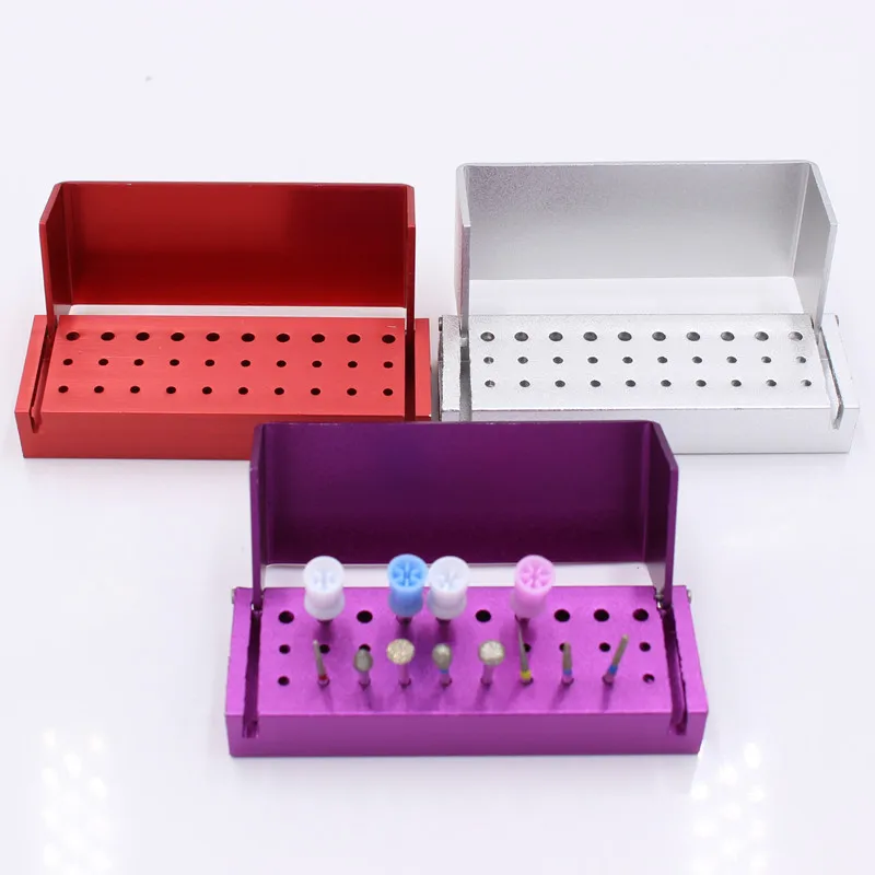 1pcs 30 Holes Aluminium Dental Burs Holder Block Box Fits for FG Burs Placing purple/silver/red