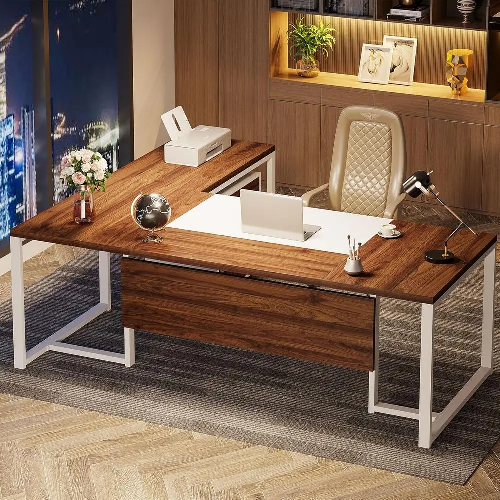 

Угловой стол L-образной формы из орехового дерева и белого цвета с выдвижными ящиками для домашнего офиса или рабочего пространства руководителя