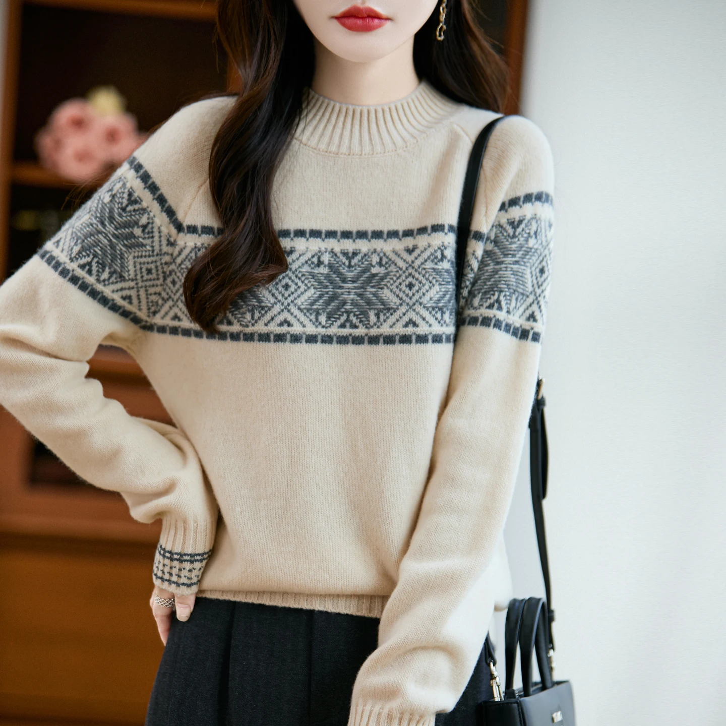 

High end luxury Fel Island jacquard wool sweater for women in autumn and winter, fashionable and loose cashmere base sweater