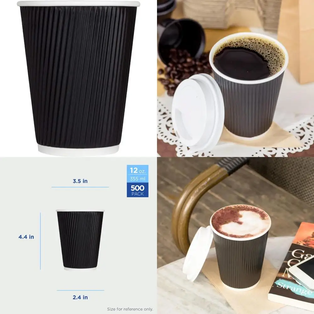 Tazas de café de papel ondulado aisladas de 12 oz, desechables, resistentes, a prueba de fugas, 90 mm, sin tapas, paquete a granel de 500, negro, ideales para caliente