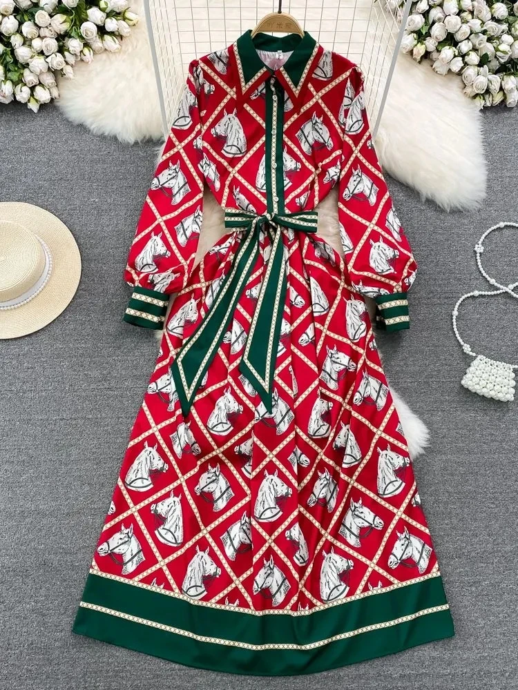 Fashion Designer Plaid Animal Horse Print Maxi Dress Women Turn Down Collar Bow Lace Up Contrast Color Runway Long Vestido 8695