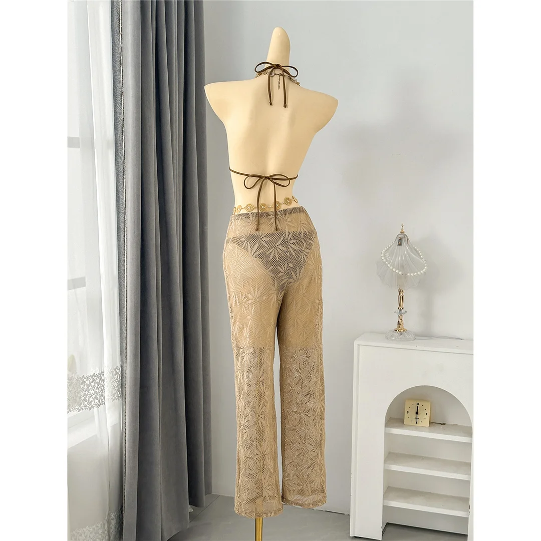 Mit Hosen, Blättern und Halterneck-Bikini, Damen-Badeanzug, dreiteiliges Bikini-Set, Badebekleidung, Badeanzug, Schwimmanzug V8164 – Detail 4