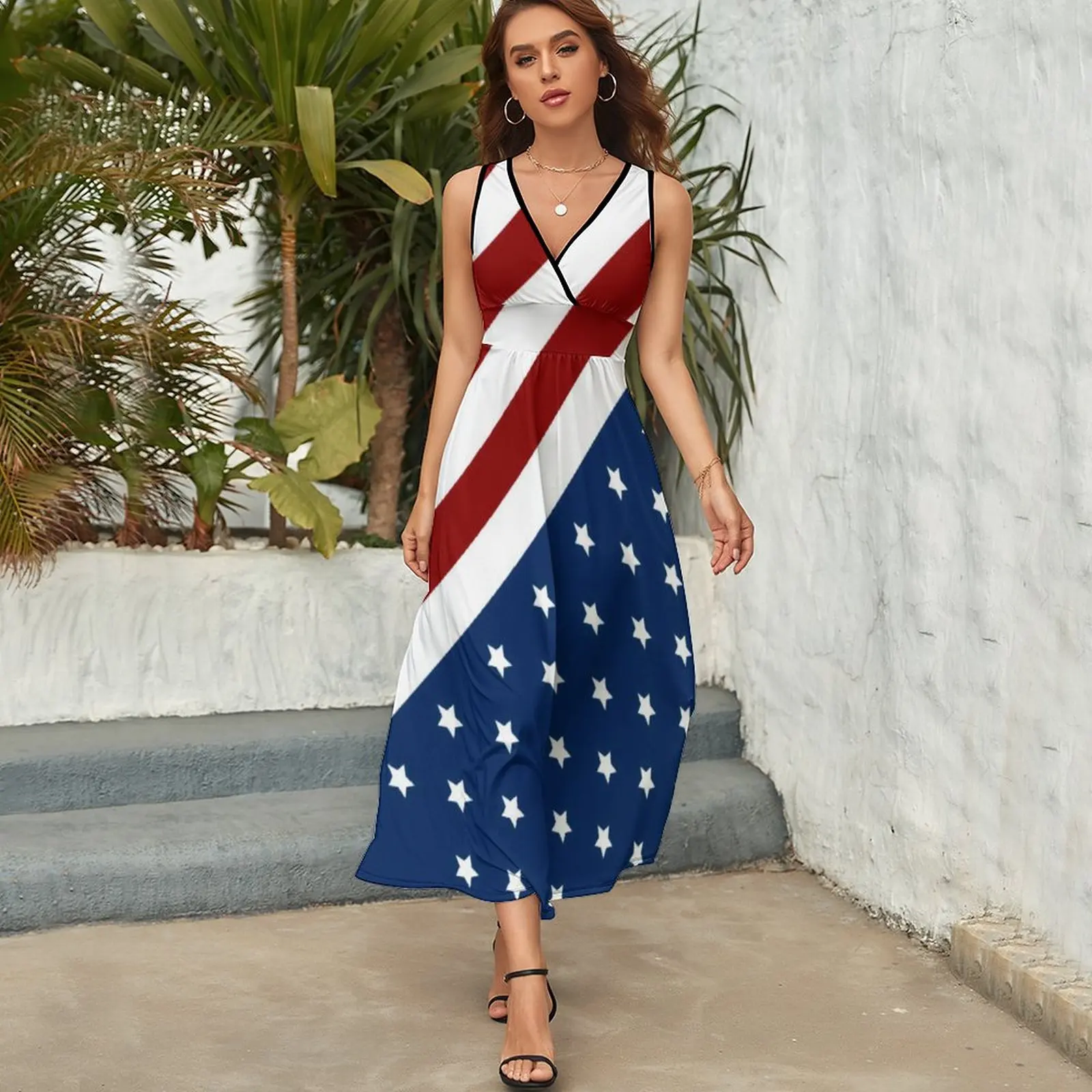 American Flag Dress Patriotic Flag Star Design Boho Beach Long Dresses V Neck Print Maxi Dress Korean Fashion Clothes Oversize