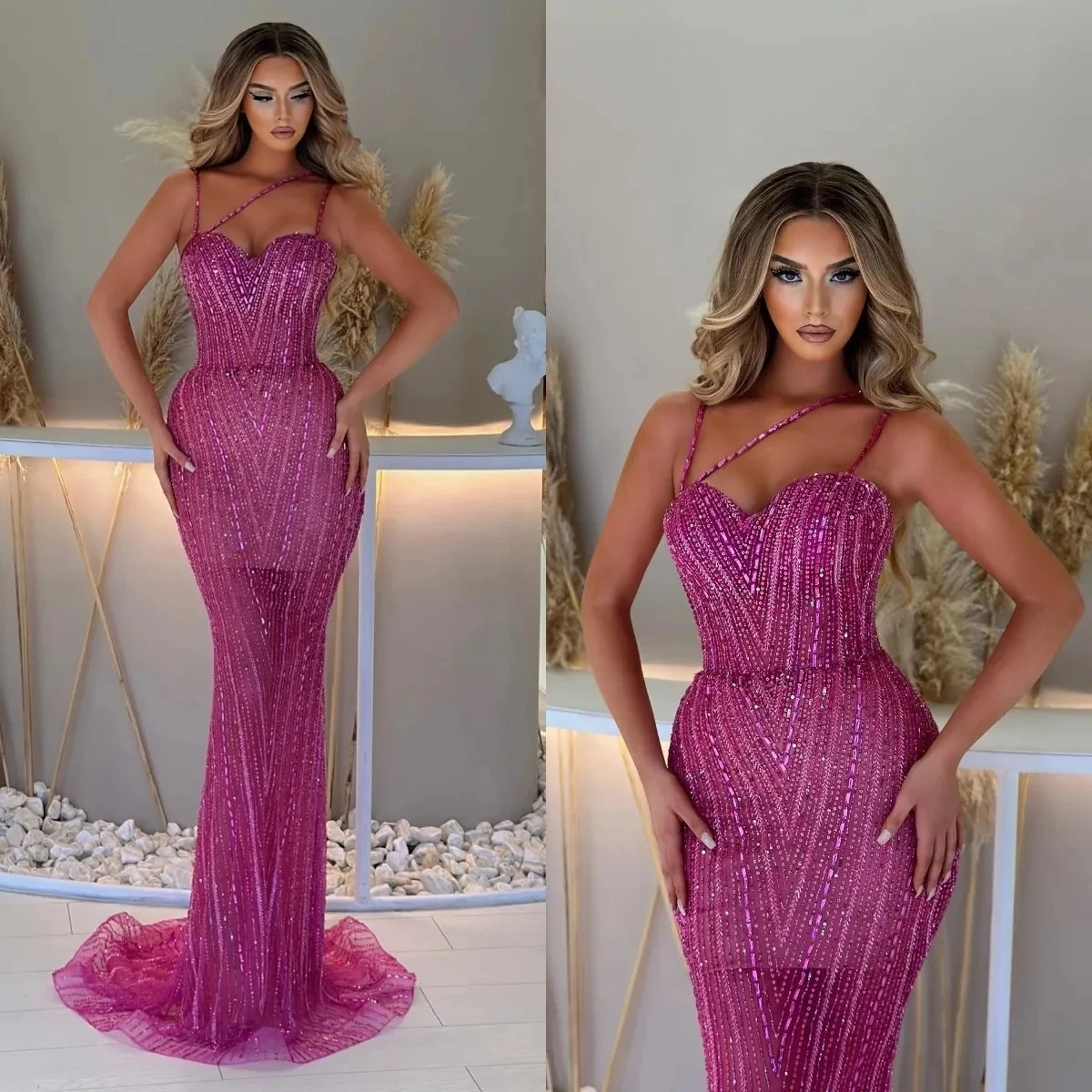 Gorgeous Spaghetti Straps Crystal Beading Prom Dresses Sequins Illusion Mermaid Evening Gowns Custom Made Robe De Soirée