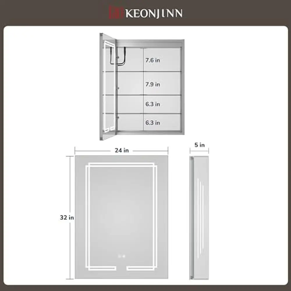 LED Medicine Cabinet Mirror with Adjustable Shelves 24x32 Inch Anti-Fog 3 Color Lights