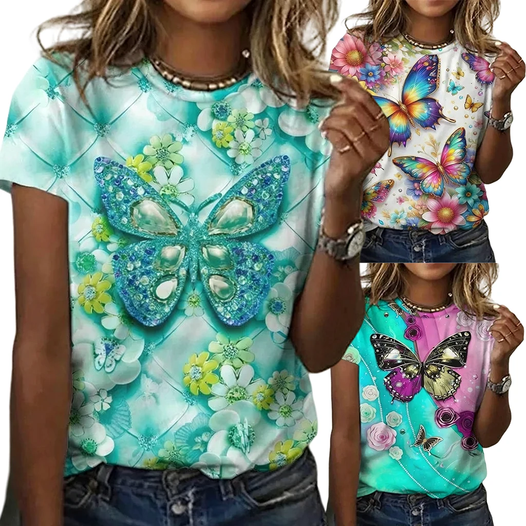 

Fashion Ladies' Street Casual Plus Size Round Neck Short Sleeved T-shirt 3D Butterfly Print Fast Breathable Comfortable Home Top