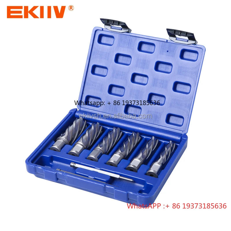 EKIIV Annular Cutter Set 11pcs 3/4 Inch Weldon Shank 7/16 to 1-1/16 for Drill Press HSS Standard Kit Two Flat with 2 Pilot Pins
