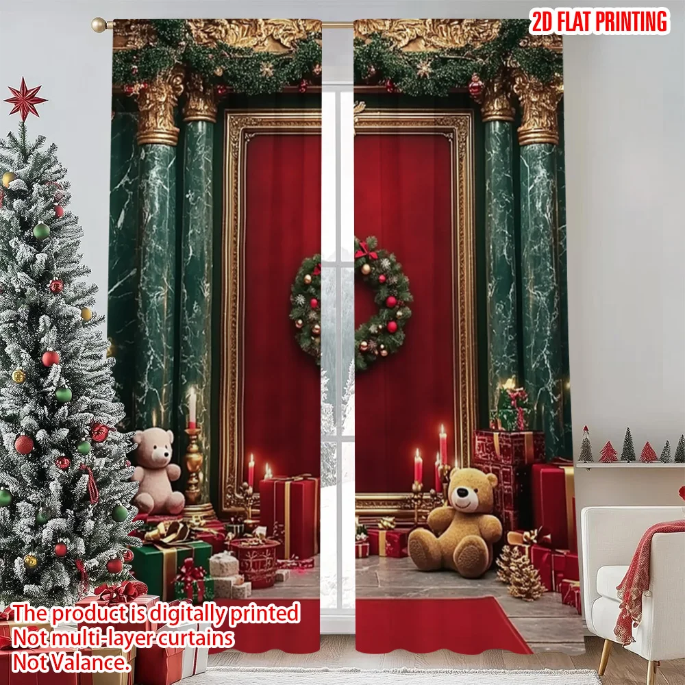 

2pcs 2D flat printing Christmas Party Curtain red Christmas Versatile Polyester Fabric Without Electricity Spring Party &