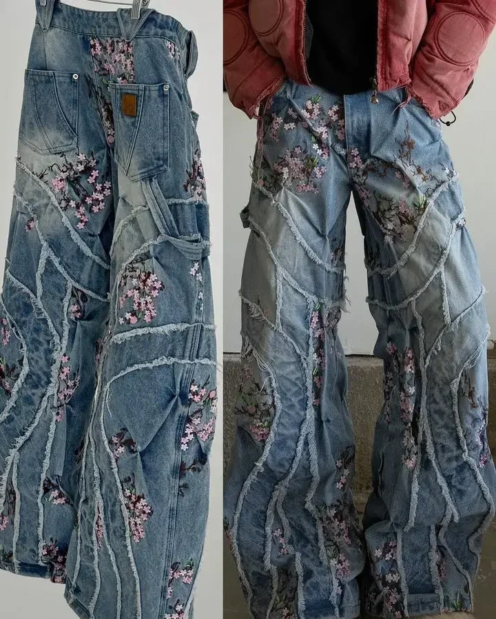 Japanese Harajuku Cherry Blossom Embroidery Holes Retro Blue Jeans Female Y2K New Harajuku Hip Hop Gothic Joker Wide-Leg Pants