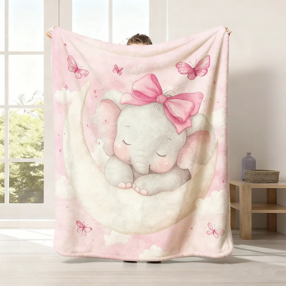 Plush Baby Elephant Moon Blanket Throw Pink Nursery Decor Kids Keepsake Gift Fleece Cozy Bedding for Girls Boys