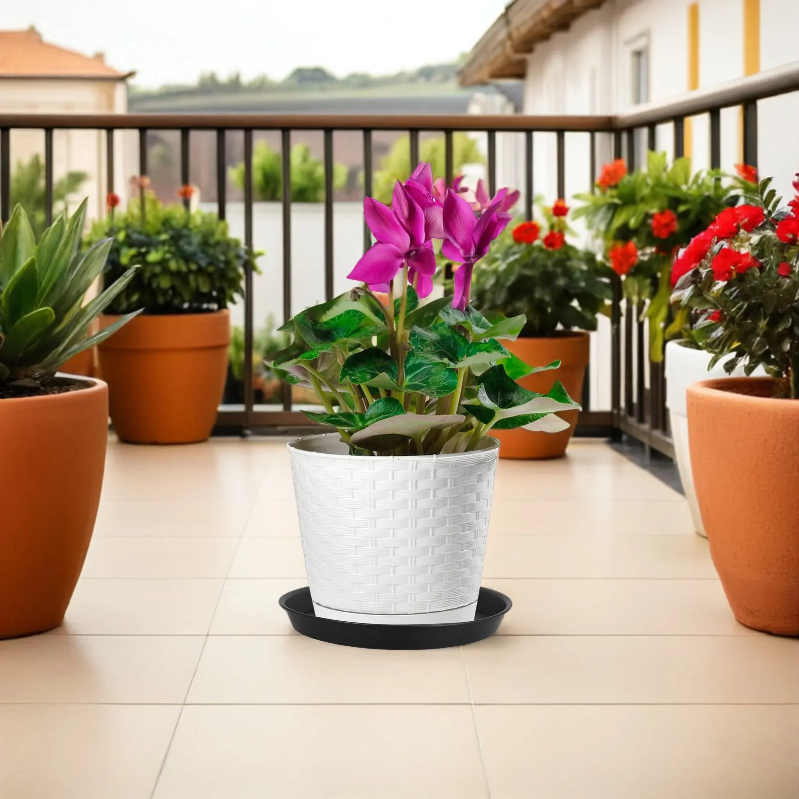 4Pcs Sleek Black Circular Plastic Planter Trays - Flowerpot Drip Tray Saucer Set for Potted Plants Indoor Gardening Water