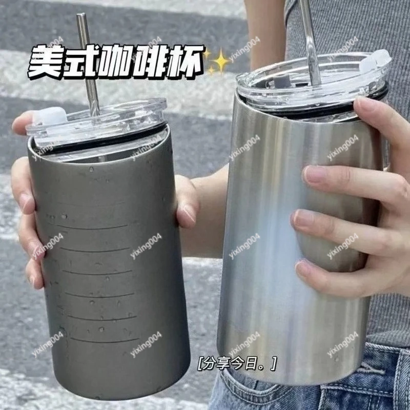 

304 Stainless Steel Iced Americano Cup, Portable Water Cup with Straw for Office