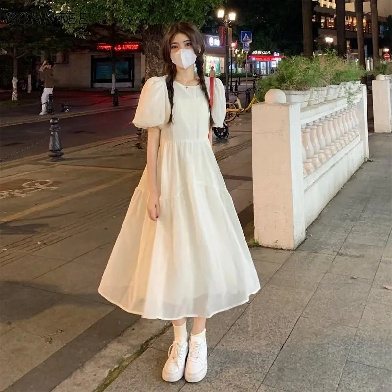 Puff Sleeve Dresses Women Loose Vintage Midi Temperament Apricot Sweet Summer New Princess Casual Korean Style Aesthetic Chic