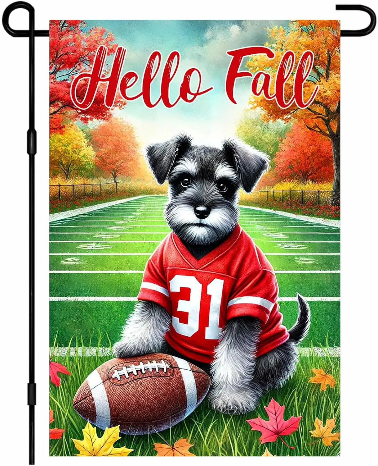 Hello Fall Garden Flag Adorable Whimsical Schnauzer Puppy Game Day Autumn Leaves Fall Foliage 12x18 Inch Double Sided Flag F zzo