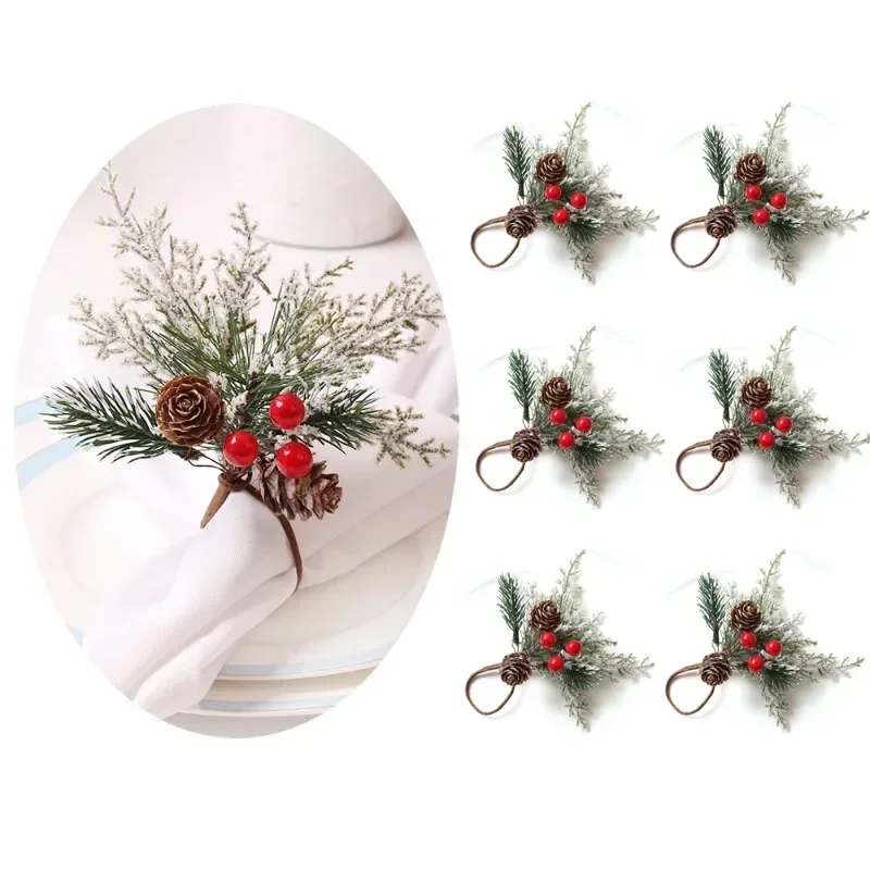 3pcs/6pcs Christmas Bouquet Napkins Ring Western Restaurant Table Napkins Buckle Simulation Pine Cone Berries