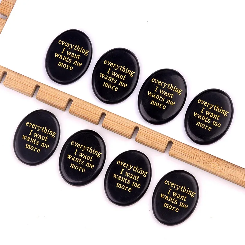 1pc 25mm Black Obsidian Thumb Stone Engraved Runes Worry Stone For DIY Jewelry Making Stress Relief Reiki Healing Pocket Rock