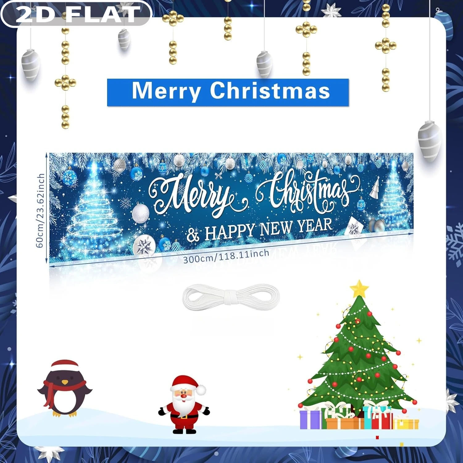 1pc Blue Merry Christmas Party Banner Yard Decor, 2x10 FT Xmas Tree