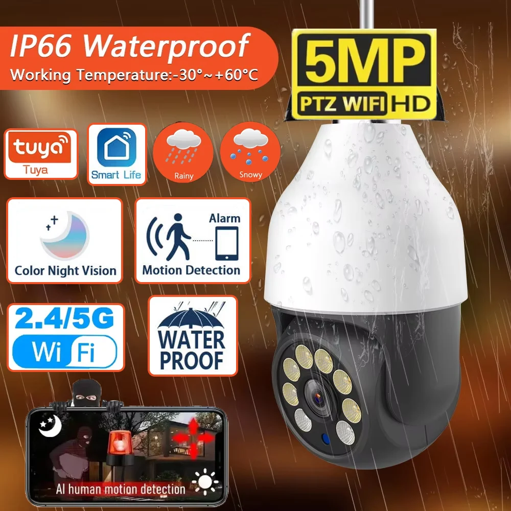 

5MP 5G Wi-Fi лампа камера E27 TUYA Smart Life PTZ IP CCTV наружная камера ночного видения 3MP камера видеонаблюдения