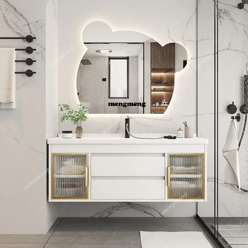 New design Luxury Bathroom Cabinet Integrated Ceramic Combo Basin Solid Wood Smart Bear Mirror Hand Wash Basin  Drawers