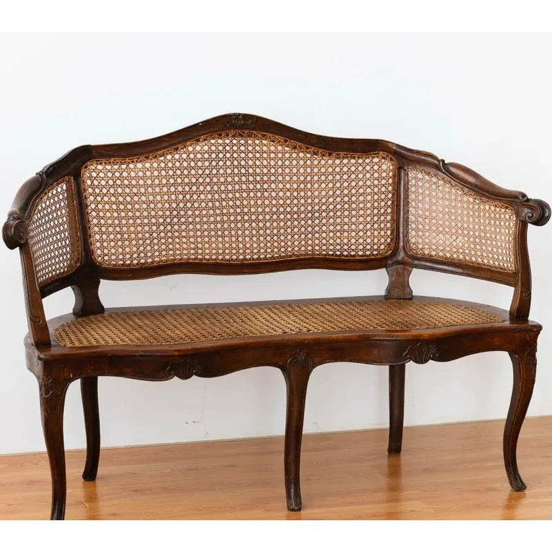Living room leisure chair villa studio retro solid wood carving flower rattan sofa chair