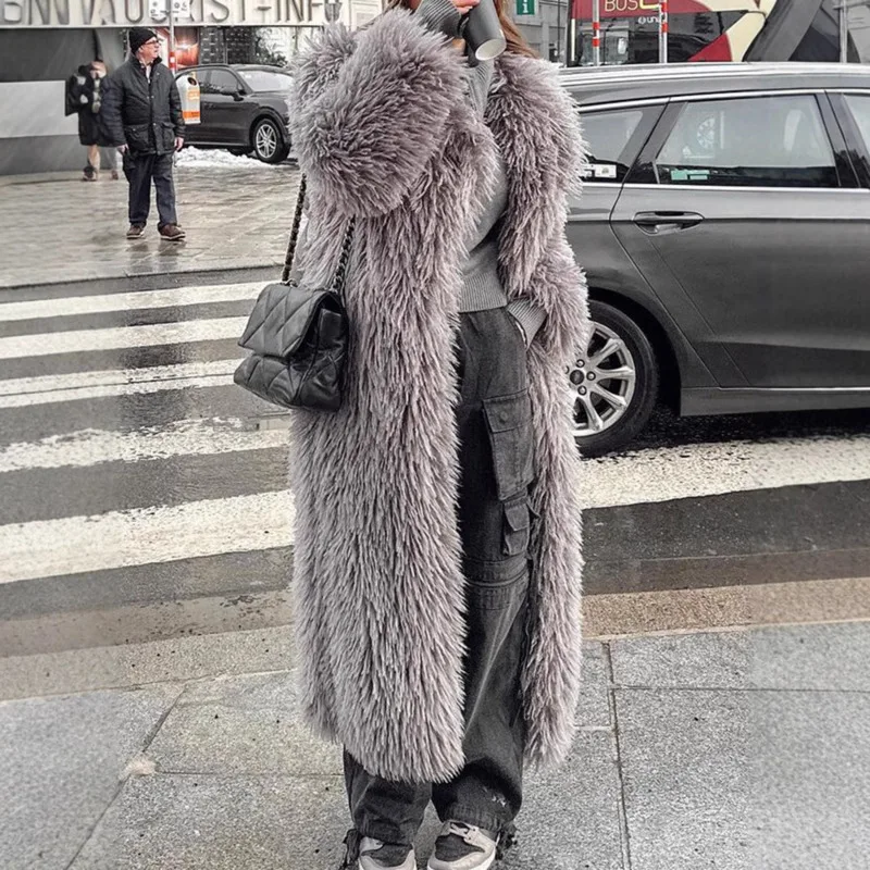 Moda gola entalhada longo casaco de pele do falso quente grosso jaqueta de lã elegante feminino escritório casaco fofo chique jaqueta de pele do falso