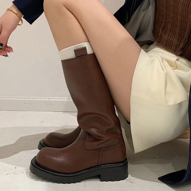 JOZHAMTA Size 34-40 Women Knee Boots Genuine Leather Casual Wide Calf Block Heels Shoes Winter 2025 Long Boots Office Lady Dress