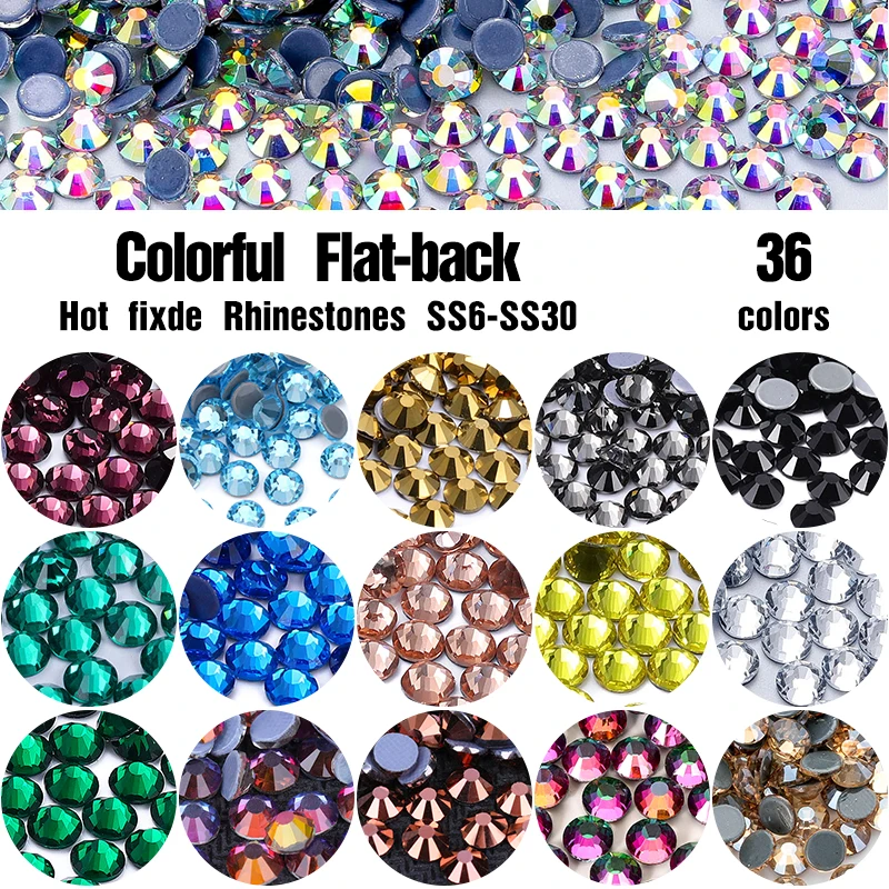 

Multicolor Glass Rhinestones SS6-SS30 High Quality Hotfixed Flatback Round Strass Stones For DIY Clothing Bag Cup Decoration
