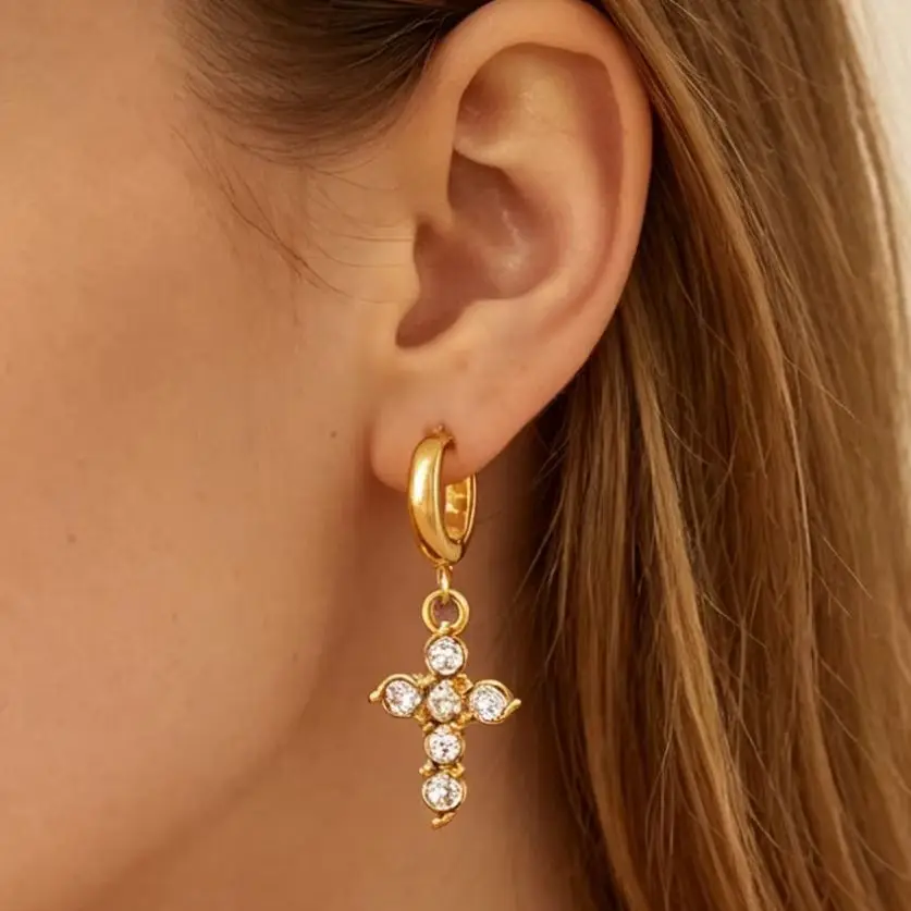 Punk-Zirkon-Kreuz-Ohrringe mit Hängeelementen für Damen, 18 Karat vergoldeter Edelstahl, Kreuz-Ohrringe, Gothic, Y2K, trendiger Schmuck, Geschenk.
