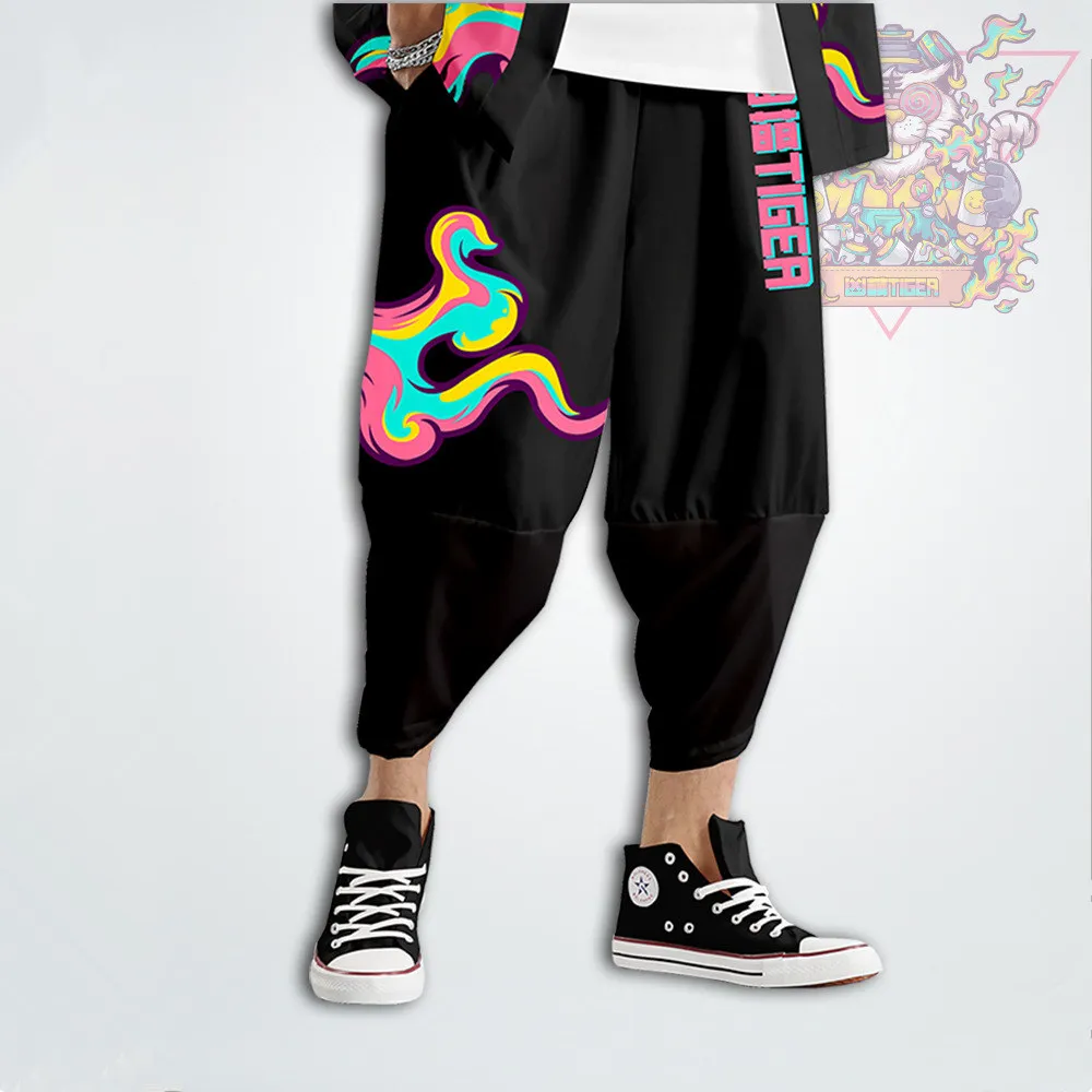 

Demon Tiger Print Japanese Kimono Pants Women Men Samurai Black Harem Pants Loose Elastic Waist Chinese Style Cosplay Trousers