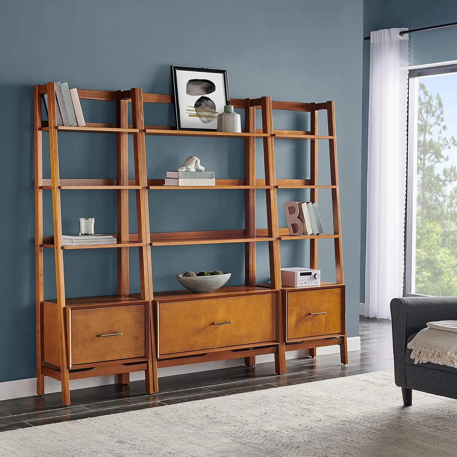 Furniture Landon 3-Piece Bookshelf Etagere Set, Bookcase with Shelves and File Drawers, Acorn