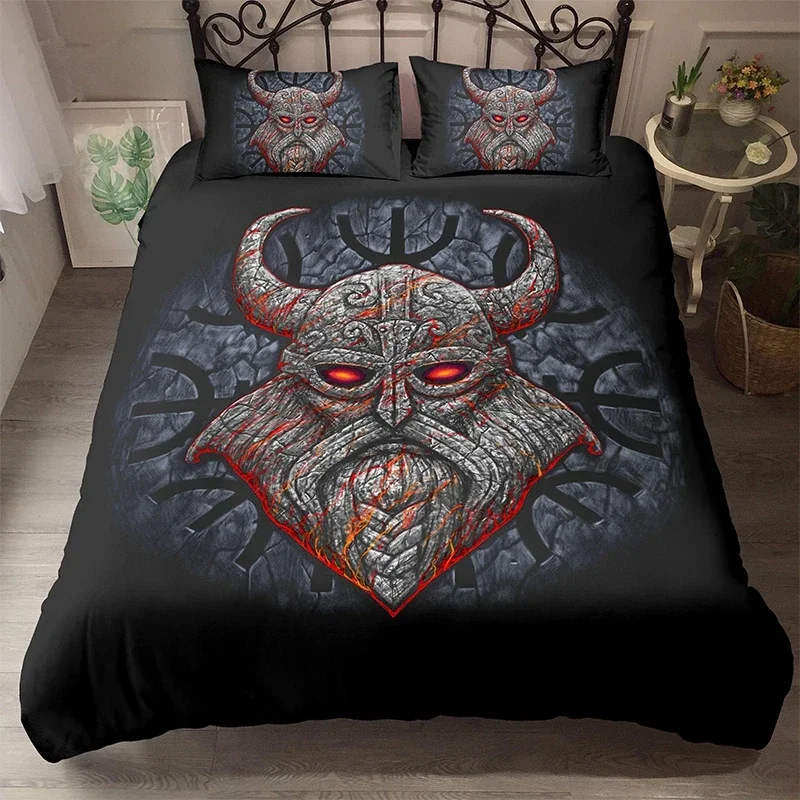 Ancient Viking King Queen Duvet Cover Vintage Viking Warrior Bedding Set for Men Adults Mythology Religion Polyester Quilt Cover