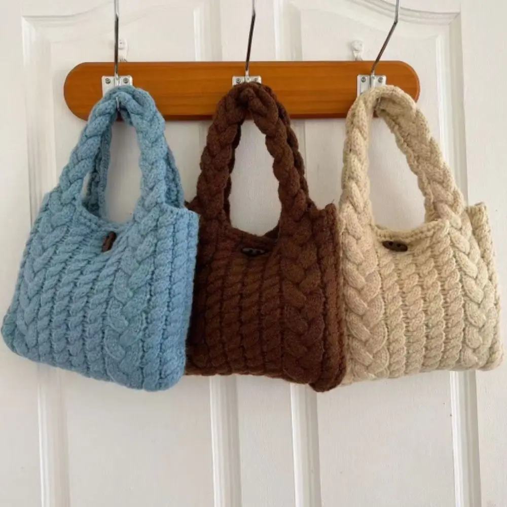 

Многоцветная вязаная сумка с узором «косичка», мягкая, с пуговицами из коровьего рога, шерстяная, милая, вместительная, вязаная сумка на запястье для студентов