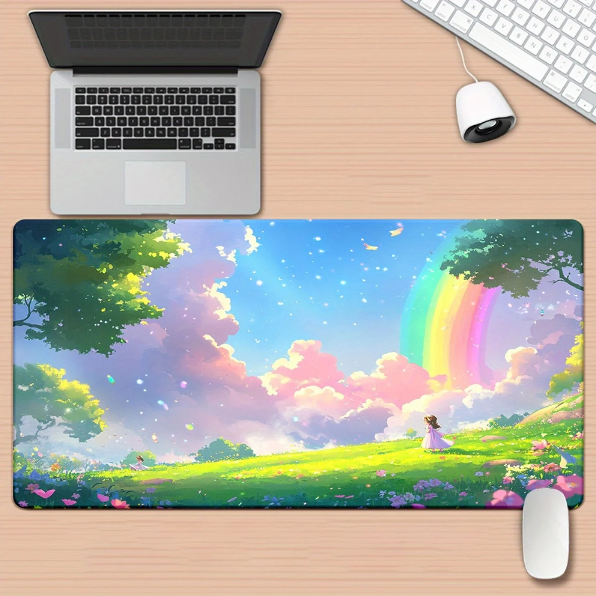 

1pc Rainbow in Green Meadow Art HD Printed Pad for Desk, Multi Functional XXL Mousepad, Keyboard Gaming Mouse Mats, Office Compu