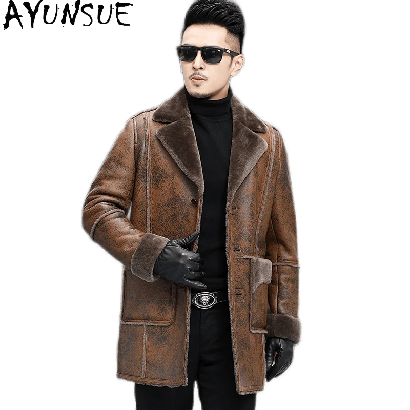 AYUNSUE Natural Fur Coat Men Luxury 2025 Winter Mid-length Real Sheep Shearling Jacket Warm Genuine Leather Jackets Man Abrigo