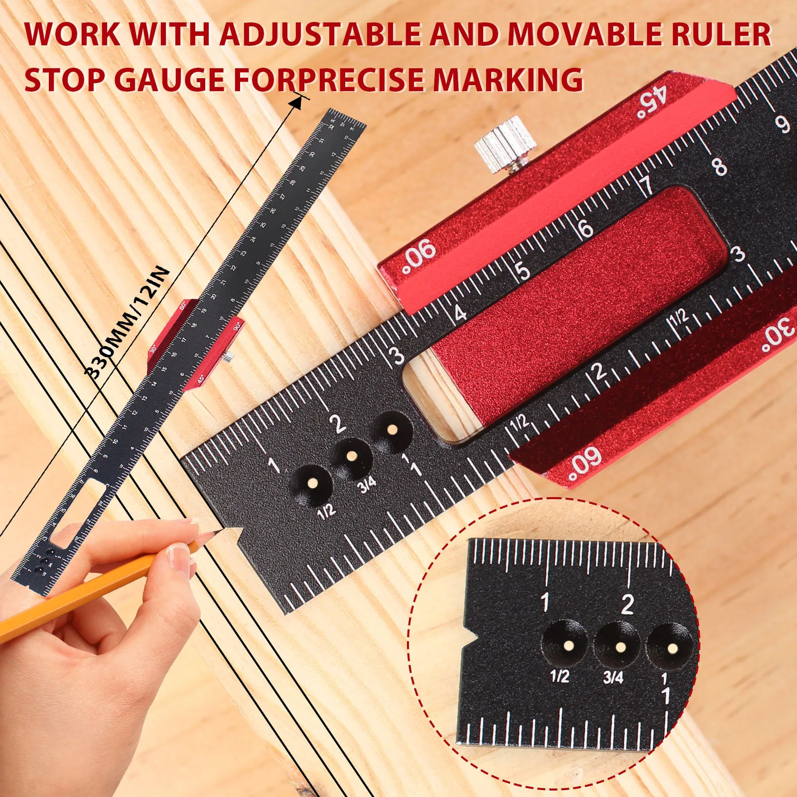 33CM Pocket Ruler Layout Tool Aluminum Precision Ruler with Multi angle T-Track Slide Stops,Inch and Metric Scale Carpenter Rule