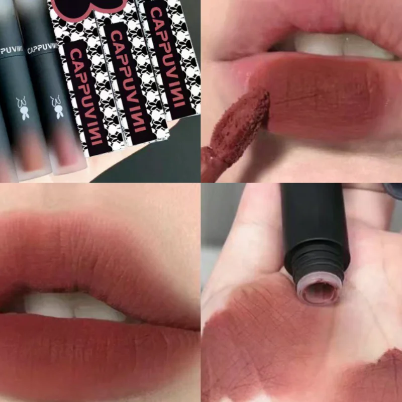 ลิปสติกเนื้อมูสสีแดงน้ำตาลโทนเรโทร ลิปแมทเนื้อกำมะหยี่ ลิปกลอสไม่ติดแก้ว ลิปทินท์ เครื่องสำอาง