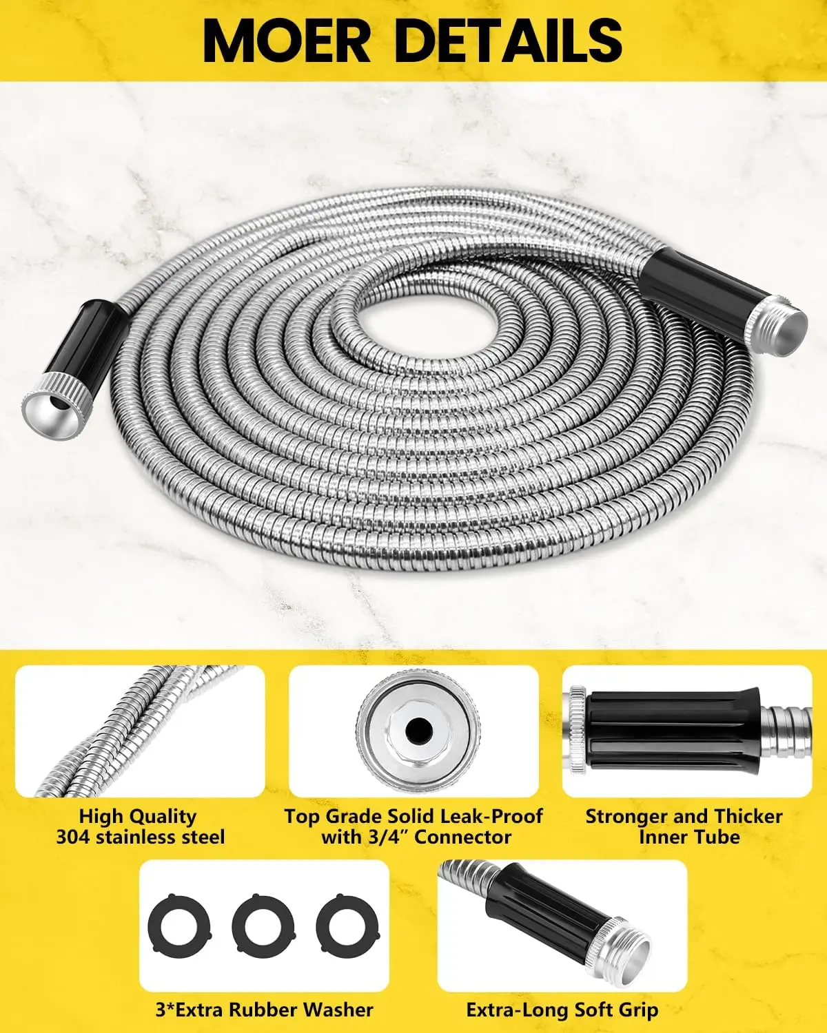 Metal Garden Hose 50ft,304 Stainless Steel Heavy Duty Water Hose with 10 Function Nozzle -Flexible, Lightweight