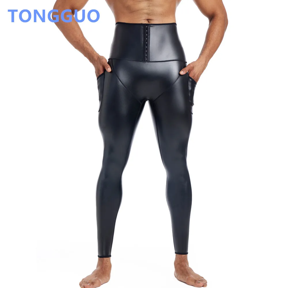 

Крутые регулируемые брюки из искусственной кожи для мальчиков с высокой талией в стиле рок-панк, хип-хоп, кожаные брюки с карманами для тренировки талии