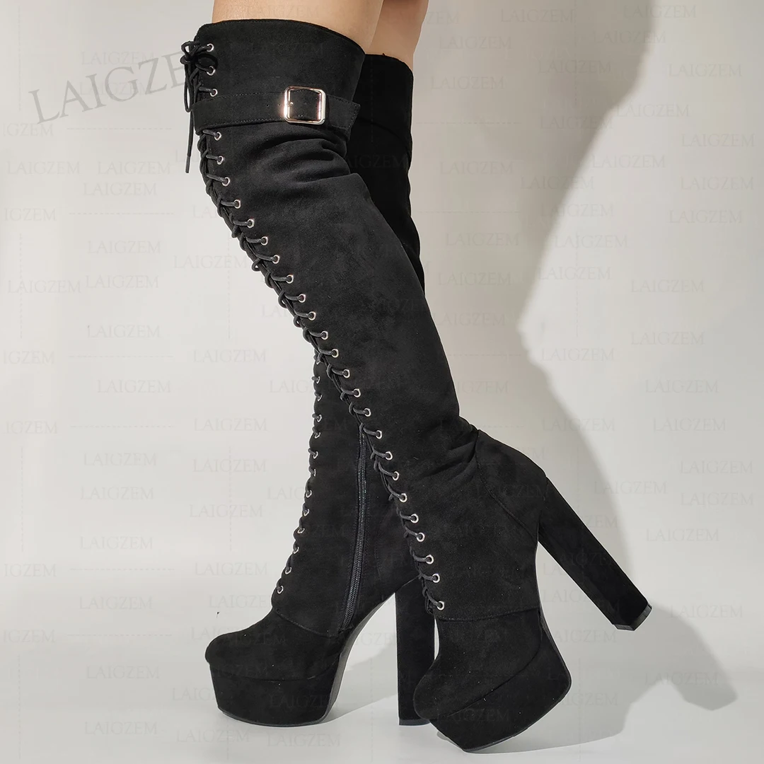 LAIGZEM Women Over Knee High Boots Platform Faux Suede Thick High Heels Boots Handmade Ladies Shoes Woman Big Size 42 43 45 52