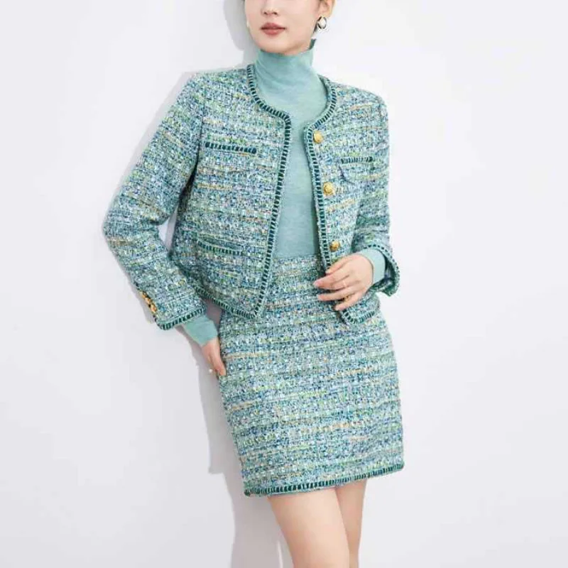 Light blue coarse woolen 2-piece set jacket+skirt 2026 new small fragrant style autumn/winter women's clothing