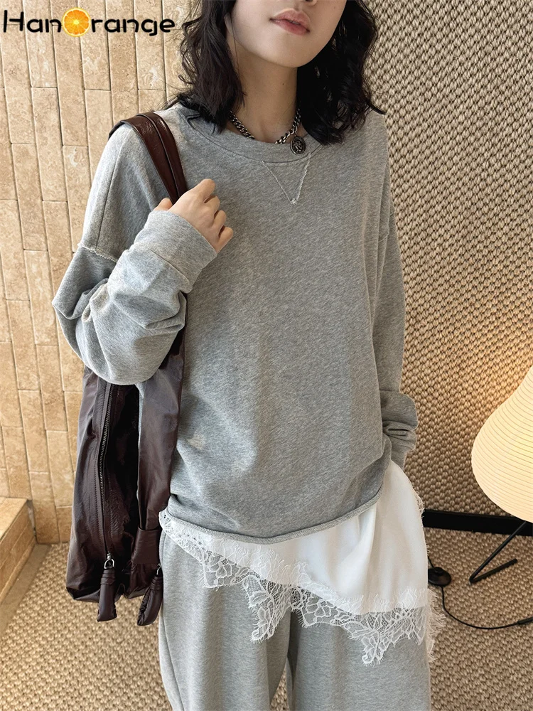 

HanOrange 2026 Spring O-Neck Drop Shoulder Small V Cut Splicing Sweatshirt Women Loose Silhouette Top Gray