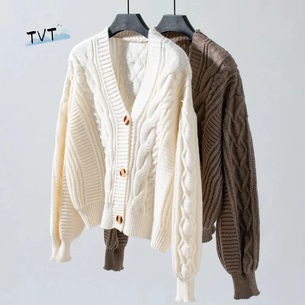 

Fashion Long Sleeve Crochet Sweaters Autumn Spring Loose Sweet Knitwear Ladies Tops Preppy Style Slim Crop Coats Autumn