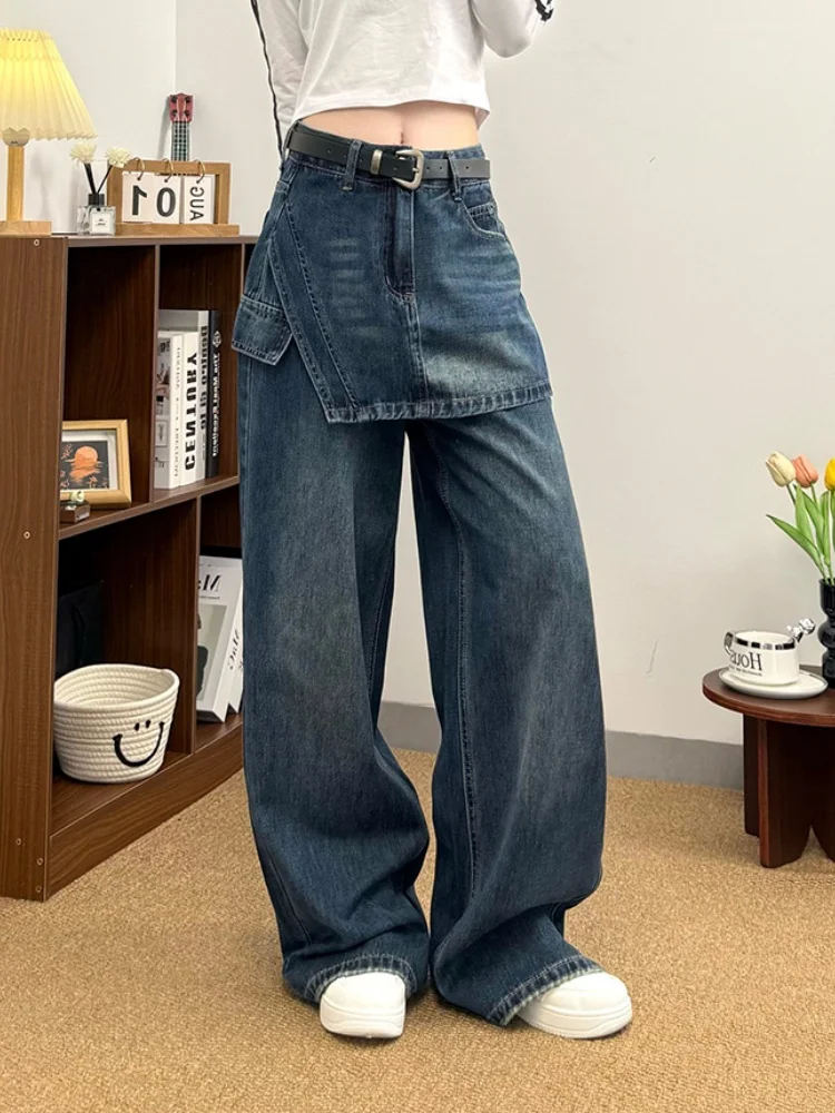 

Irregular Fake Two Wide Leg Jeans For Women Autumn Vintage High Waisted Loose Casual Straight Leg Pants With Belt