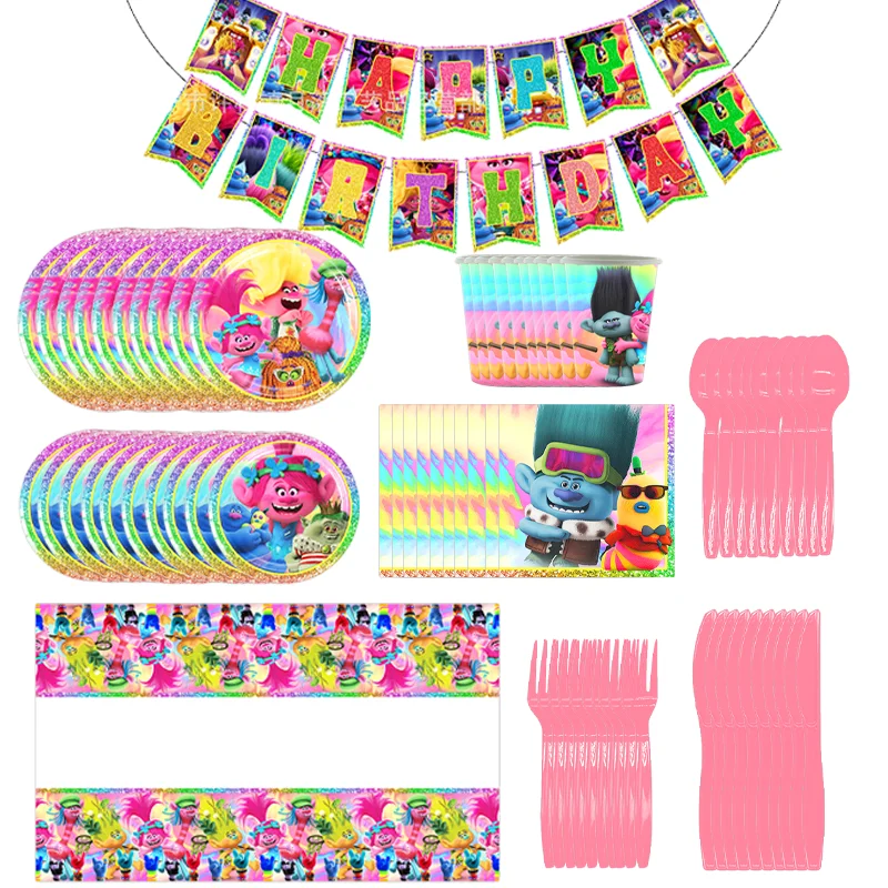 Trolls themed party decoration props disposable paper plates, tissues, tablecloths, tableware set for 10 people