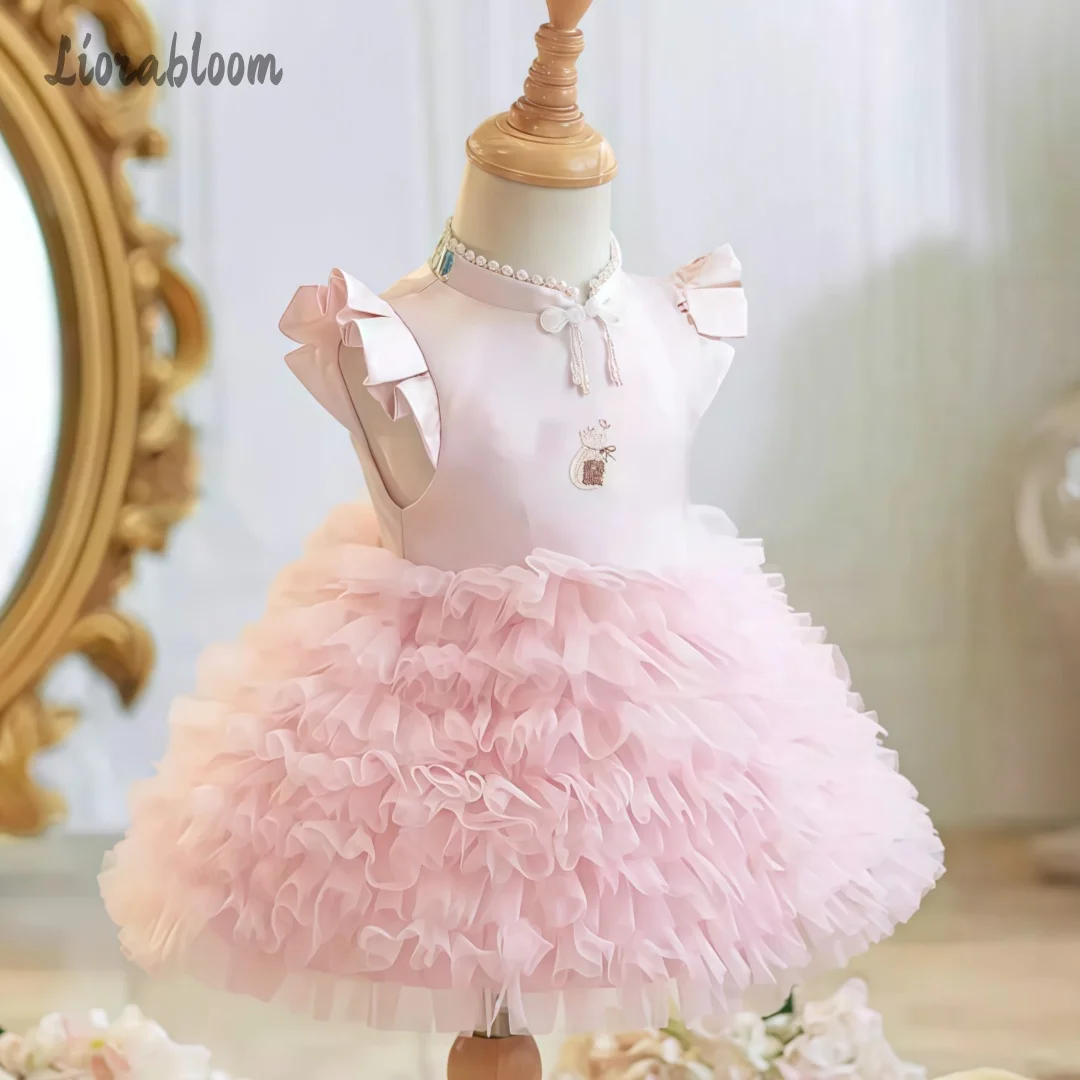 Abito da damigella in tulle con maniche a volant per bambina, ricamato, con orlo a strati, abito formale da festa per bambina, abito da principessa
