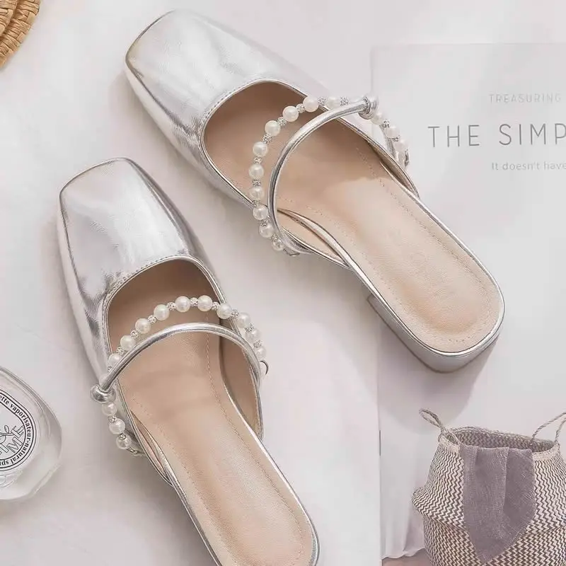 Ladies Mid Heel Summer Modern Slippers Outside Square Heel Women's Shoes on Sale 2024 Fashion String Bead Sexy Women's Slippers