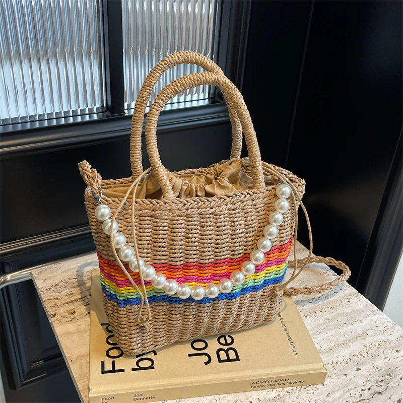 Rainbow Beading Straw Braid Shoulder and Crossbody Bags Strings Square Casual Hand Bags for Women 2024 Vacation Designer Style